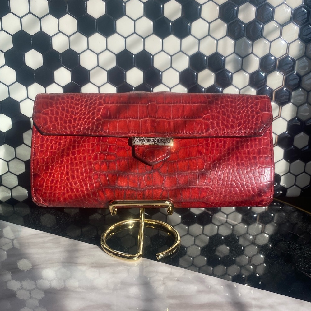 YSL long continental croc embossed long bifold w snap gold tone